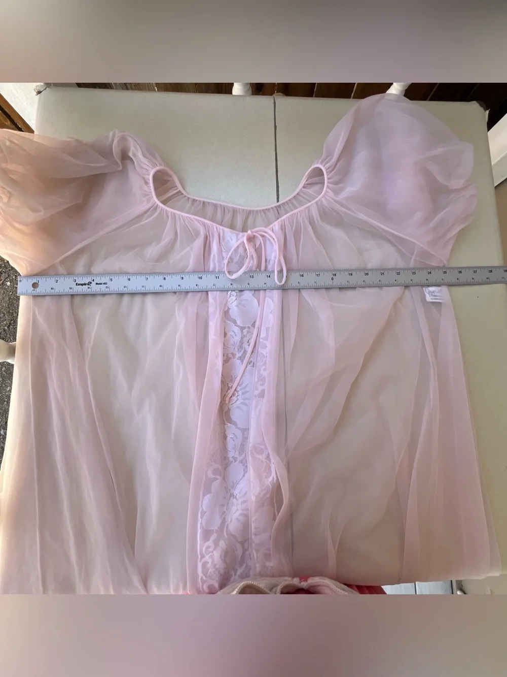 VTG Miss Elaine Sheer Babydoll Nightgown Pink Chiffon Lace Coquette Made in USA